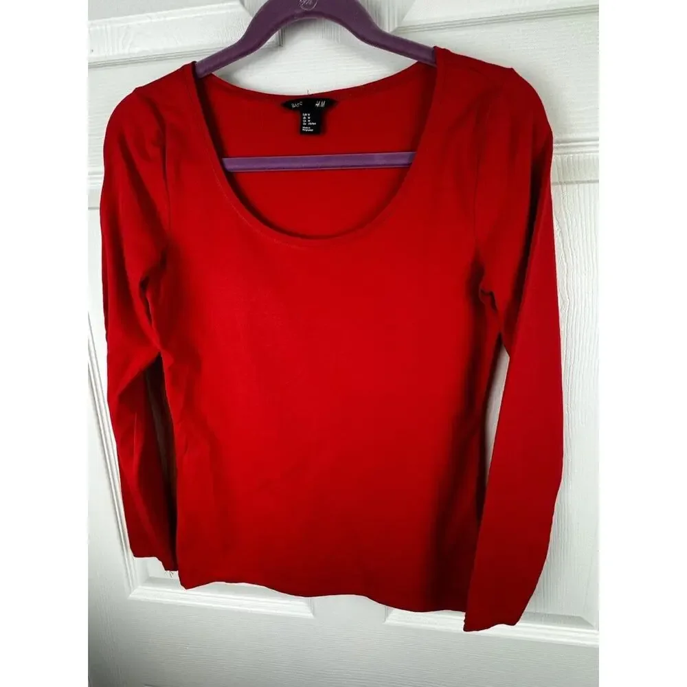 H&M Scooped Neck Top Long Sleeves Red M Casual Minimalist 50-08 - Picture 11 of 15